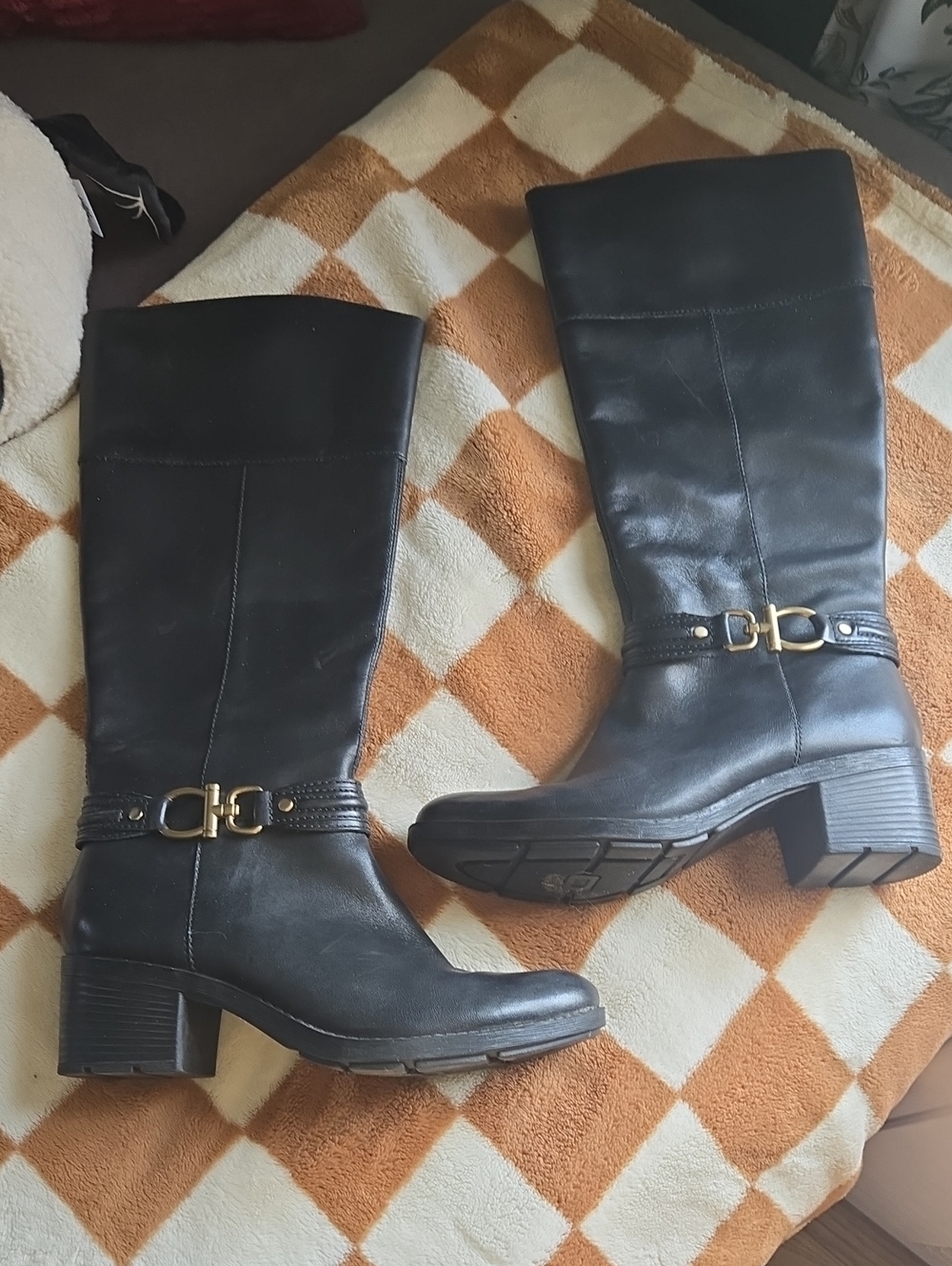 Bandolino Black Leather Knee-High Boots with Gold Buckle
